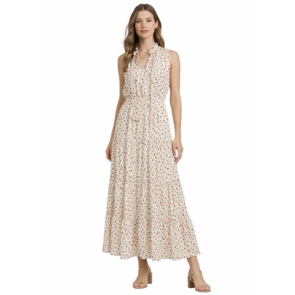 1.STATE Ditsy Floral Maxi Dress Smocked Waist Tie Neck Sleeveless Ivory S NEW